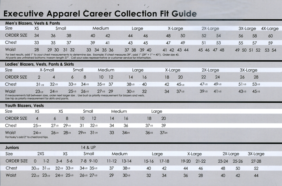 The Executive Pants Size Chart