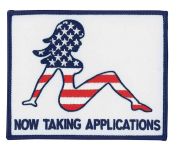 Hero's Pride 8276E Mud Flap Girl – Now Taking Applications – R, W & B – 5 X 4”